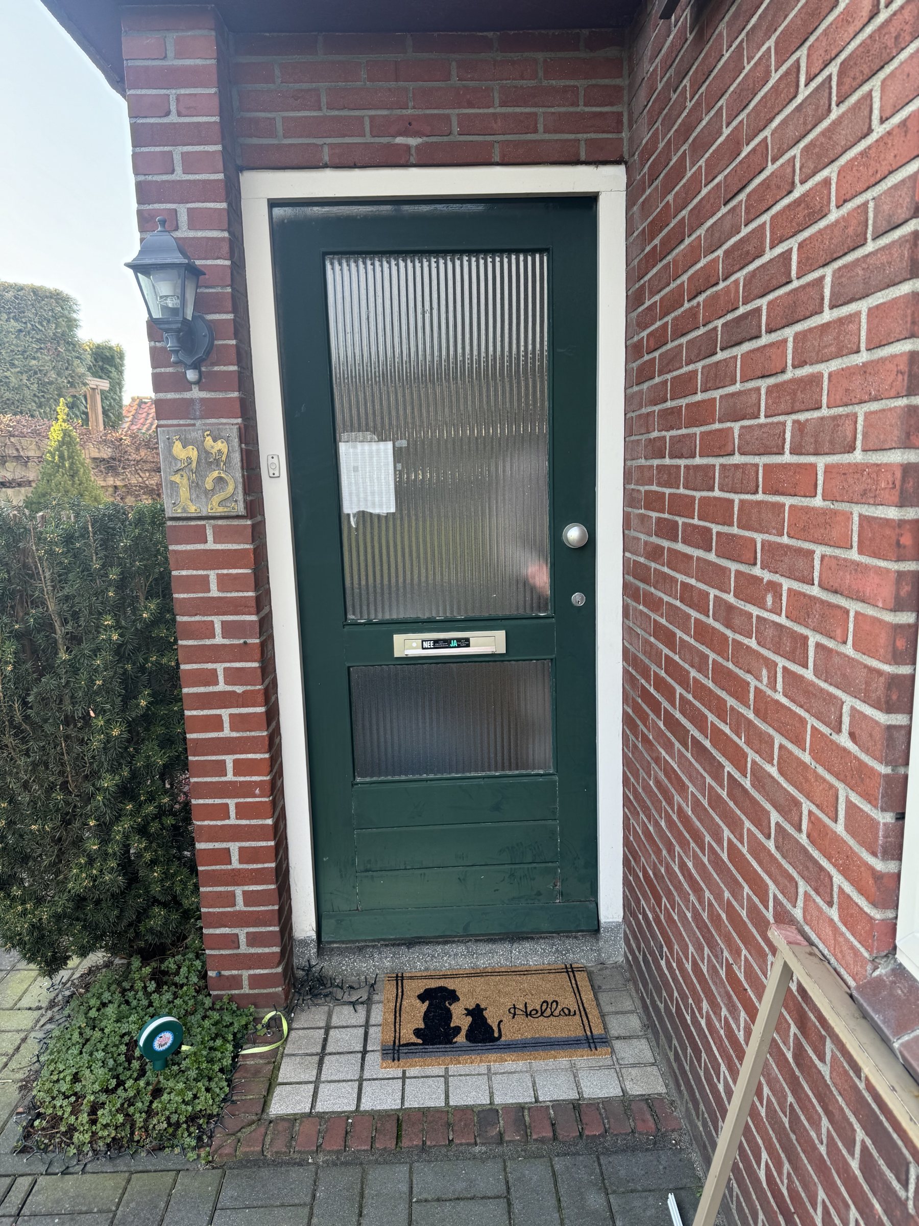 De oorspronkelijke voordeur met rechthoekig glas, brievenbus en ronde knop.